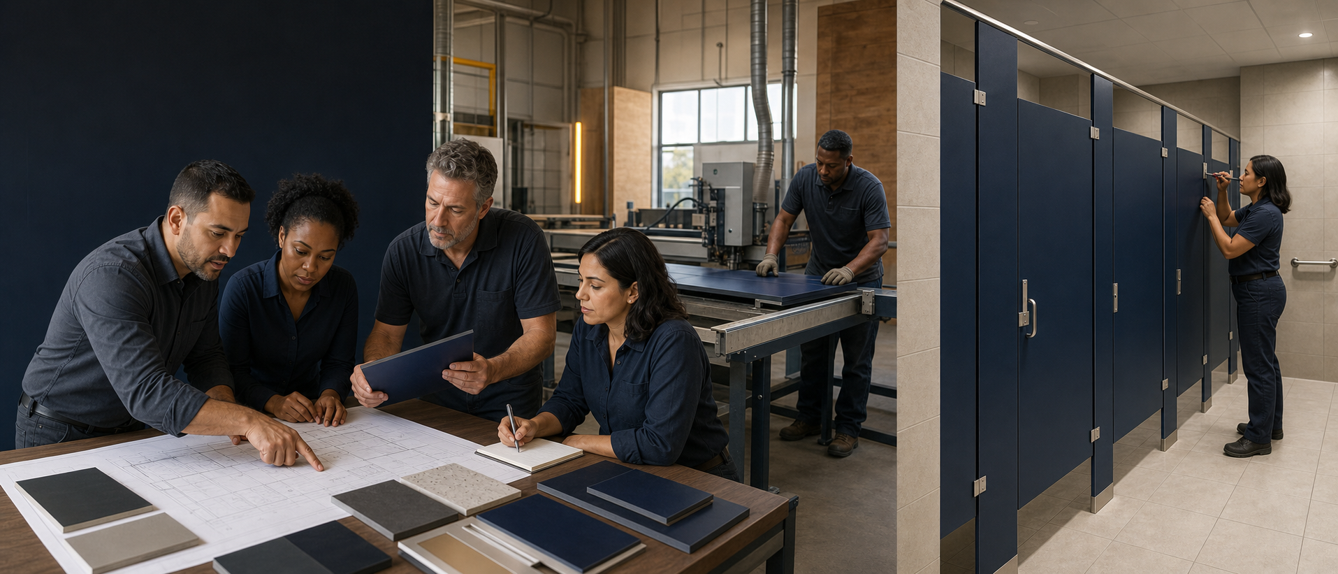 Tri-County team planning, fabricating and installing commercial restroom partitions
